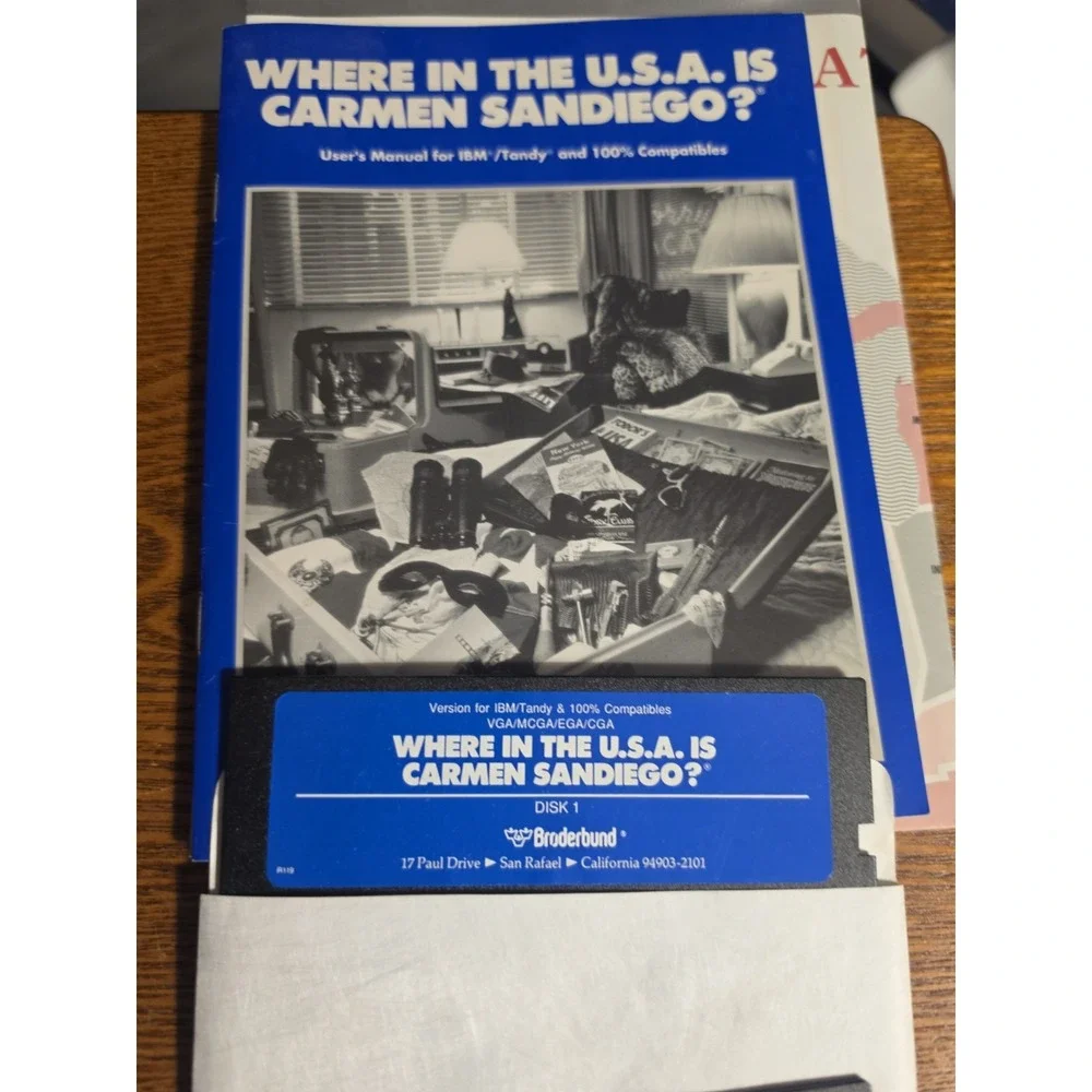 Where in the USA is Carmen Sandiego? PC game 1989 Broderbund Fodors IBM Tandy